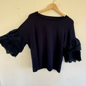 Hiatus Navy Blue Tiered Eyelet Ruffle Sleeve Top - Size M